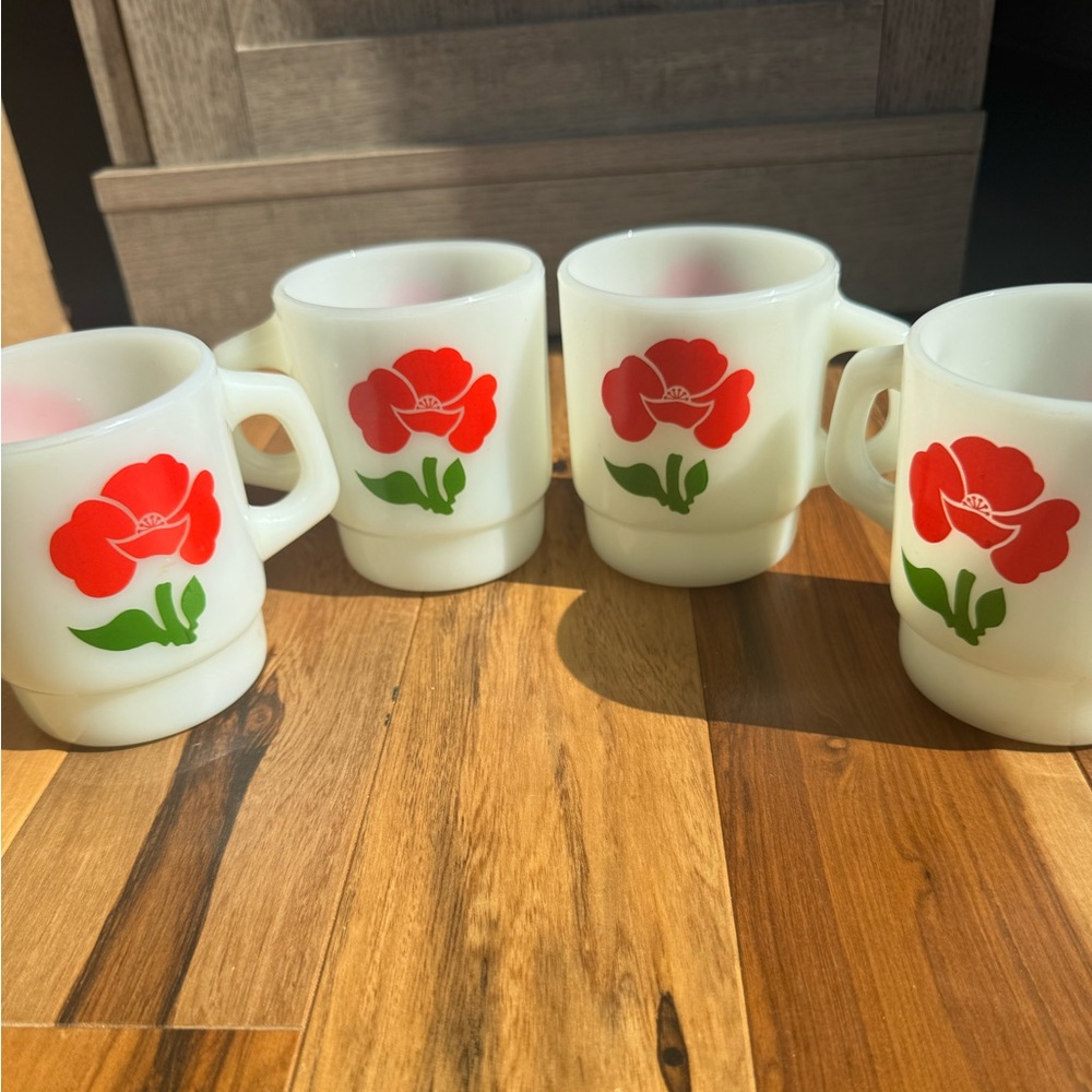 Vintage Fire-King Milk Glass Mugs – Red Poppy Set of 4- Stamped